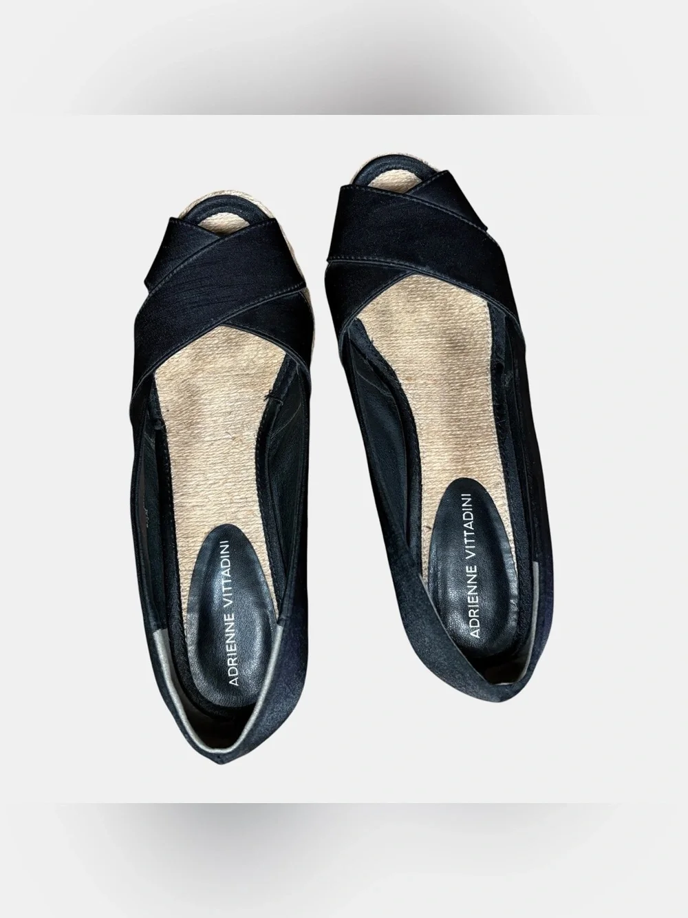 Adrienne Vittadini AV Bailey Black Satin Espadrille Wedge Peep Toe Women’s 8.5